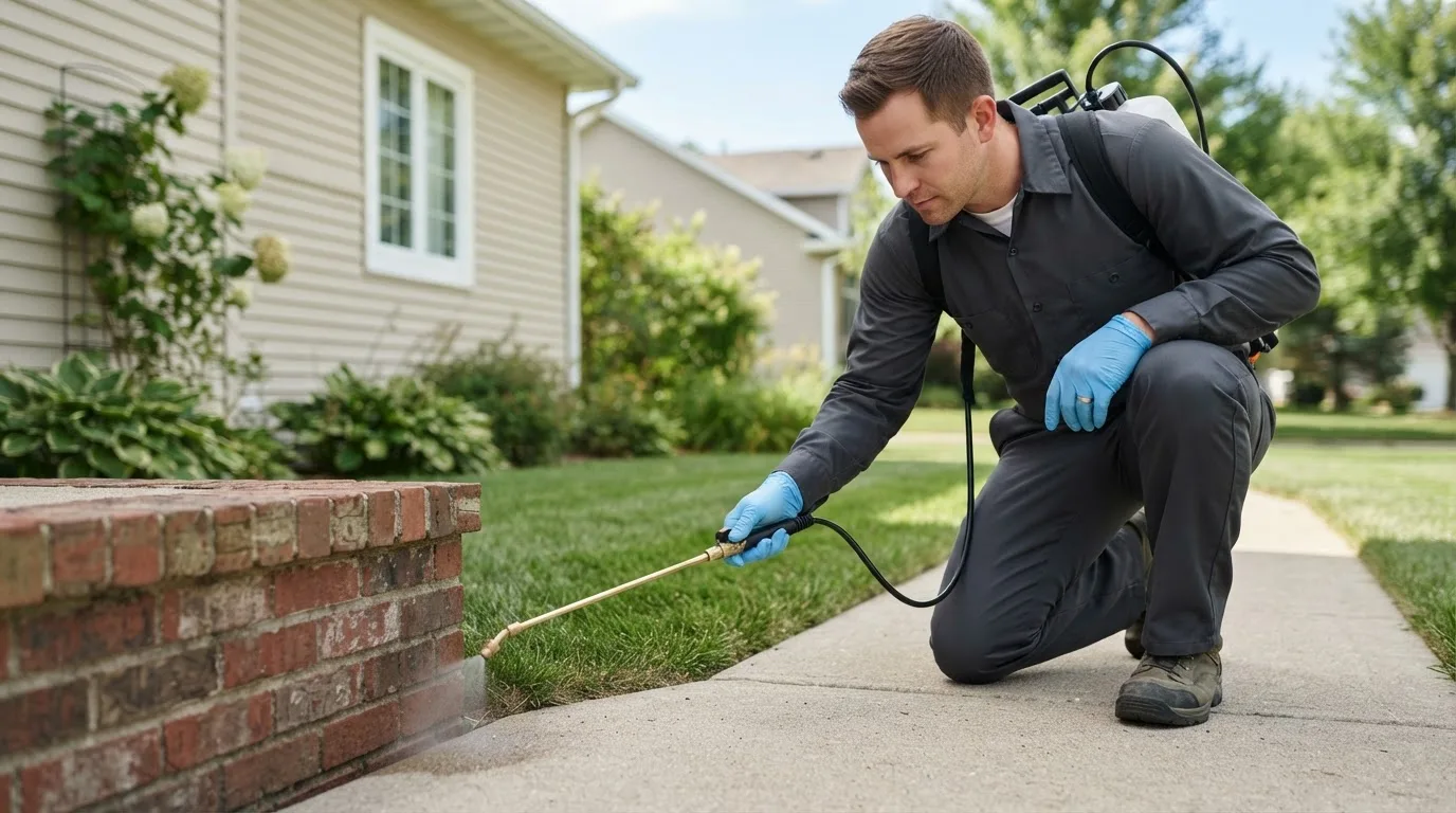 Pest control technician treating a home near Steubenville, OH