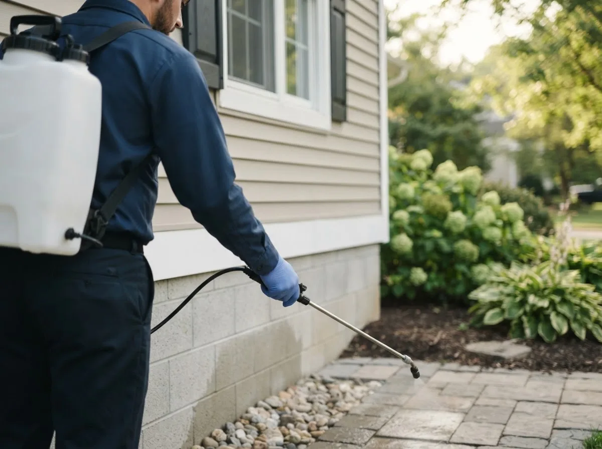 Pest control technician inspecting a home in Steubenville, OH